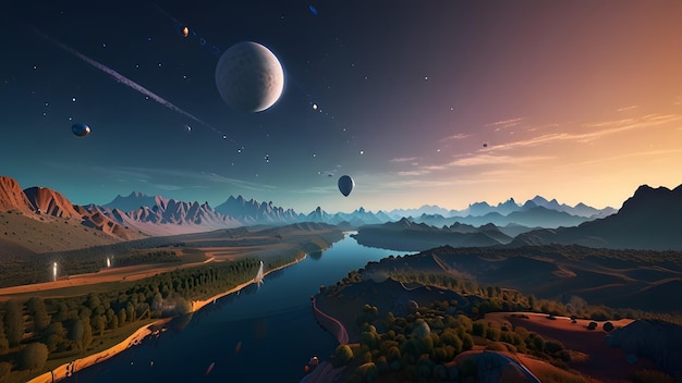 The virtual world has lakes and mountains with lakes and planets in the sky