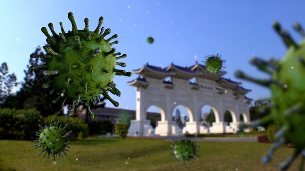 Virus Covid 19 on memorial hall of Taipei city