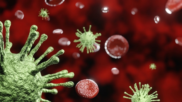 Virus infection concept red blood cells and bacteria flu background