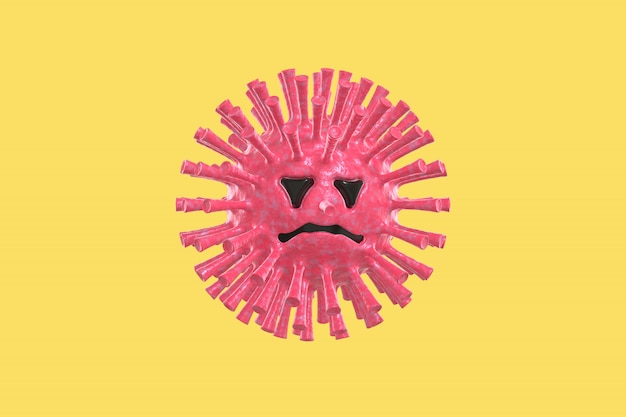 Virus molecule SARS funny and scary character cartoon style with face. The concept of the disease, pandemic, flu, coronavirus isolated on a yellow wall. 3D rendering