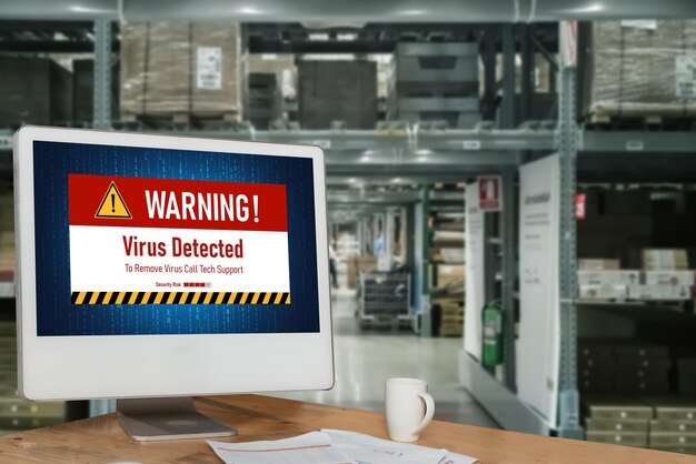 Photo virus warning alert on computer screen detected modish cyber threat