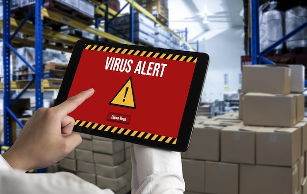 Virus warning alert on computer screen detected modish cyber threat