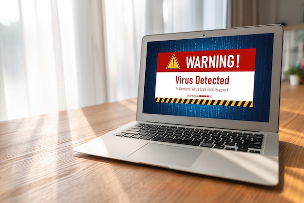 Photo virus warning alert on computer screen detected modish cyber threat