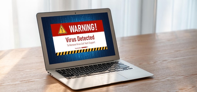 Virus warning alert on computer screen detected modish cyber threat