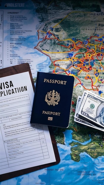 Visa application form to travel immigration a document money for passport map and travel plan