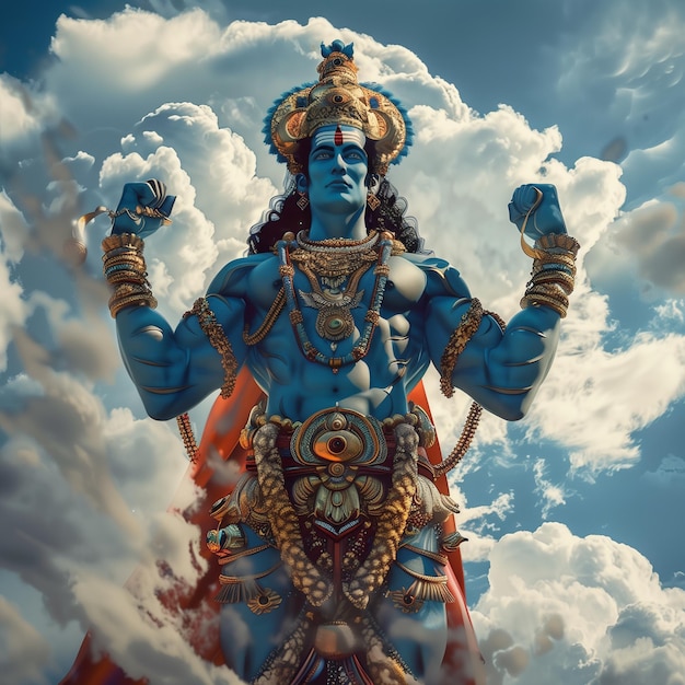 Vishnu the Indian god stands tall in the sky exuding divine power and tranquility