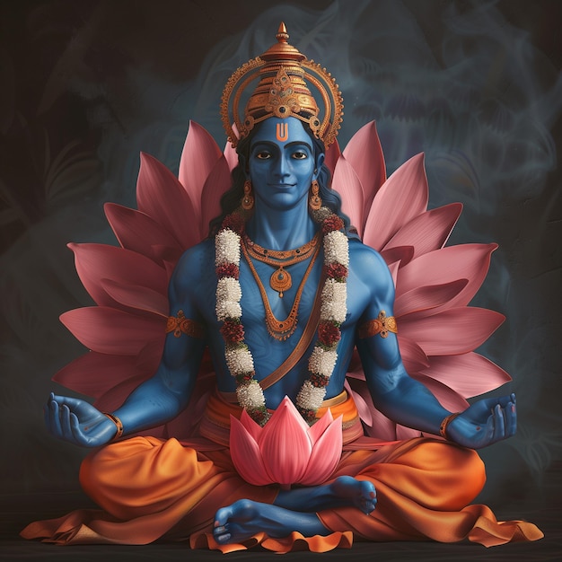 Vishnu sits atop a lotus symbolizing purity and divine grace