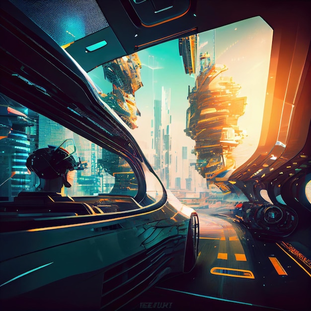 Vision of future cyborg scifi futuristic interior city with technology and transportation created wi