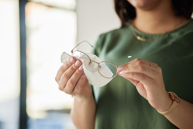 Photo vision hands and woman or clean with glasses for dust or vision or cloth for protection female person eye and care or wipe spectacles for eyesight with tissue for dirt or maintenance for frames