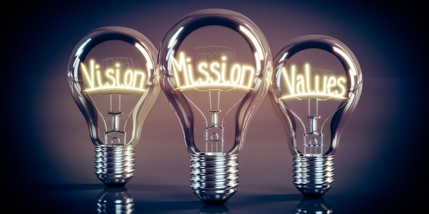 Vision mission values shining light bulbs 3D illustration