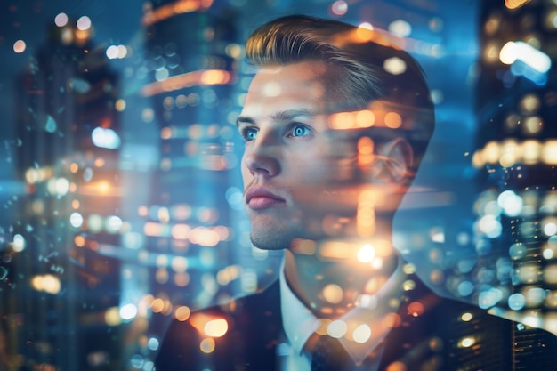 Photo visionary businessman looking into the future against a backdrop of city lights