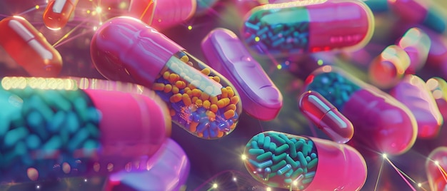 A visionary depiction of personalized medicine tailored to DNA colorful pills and DNA strands in the background hyperrealistic