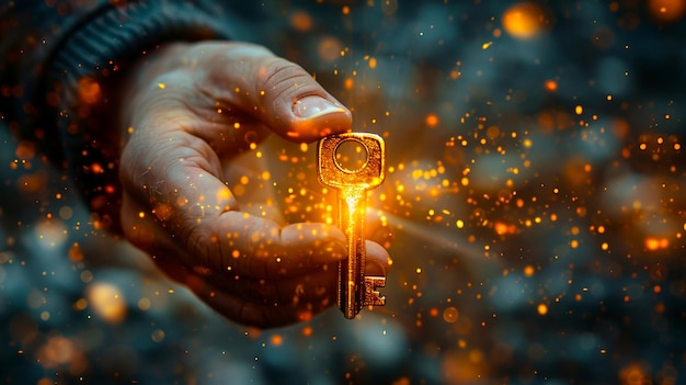 Visionary Entrepreneur Embracing Success Holding Illuminated Key of Innovation and Growth