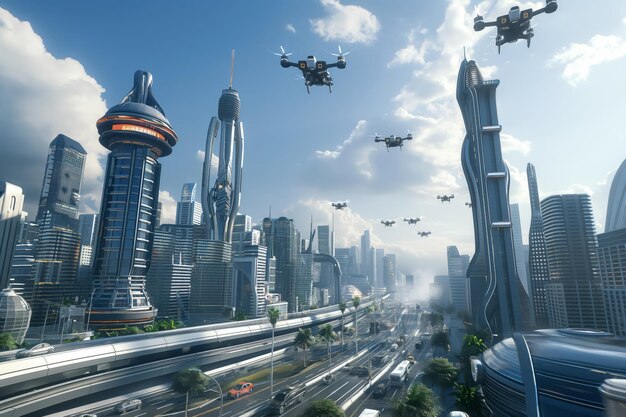 Visionary look at a modern city with soaring buildings and drones in the sky