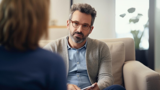 Photo visit to a psychologist woman sits on a couch and talks to a psychotherapist