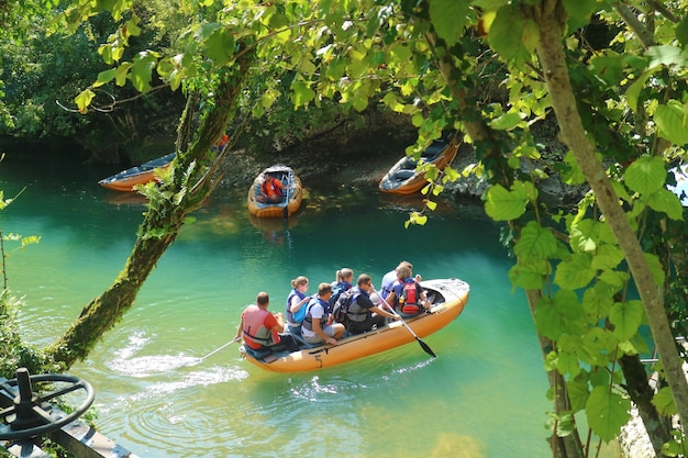 Visitors Boating in Martvili Canyon Natural Monument Inchkhuri Village near Kutaisi City of Georgia