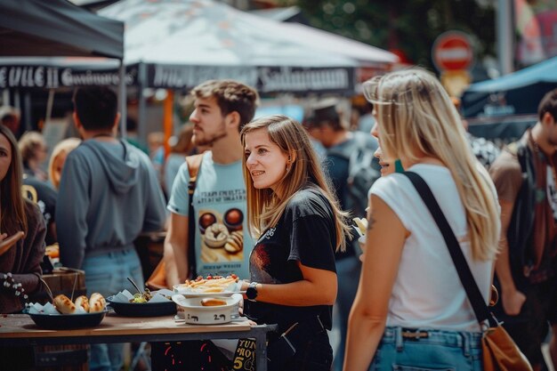 Photo visitors enjoying food stalls and entertainment at a local street fair featuring a lively and fun lifestyle background