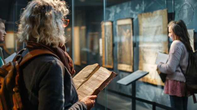 Photo visitors examining a display of medieval manuscripts in a museum