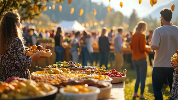 Photo visitors gather at a harvest festival enjoying a variety of fresh fruits and local delicacies