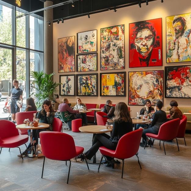 Visitors relaxing in a gallery cafe with artthemed decor2