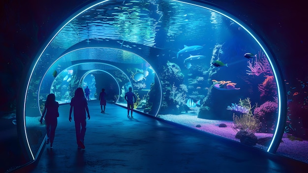 Visitors Walking Through Underwater Tunnel in Aquarium