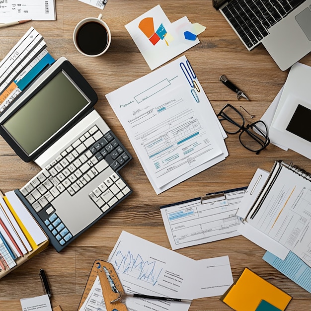 Photo visual of an accountants desk with various accounting tools and documents