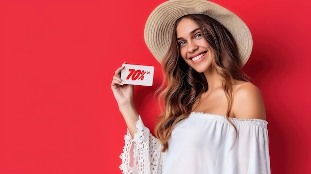 Visual for a banks credit card promotion showing an elegant young shopper in a white offtheshoulder top and a fashionable hat pointing to a card with pride