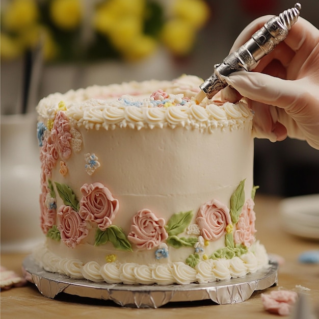 Photo a visual of a cake being decorated with piping techniques and edible decorations