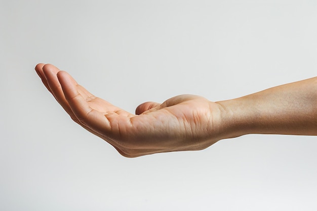 Photo visual closeup of outstretched hand against white background side view