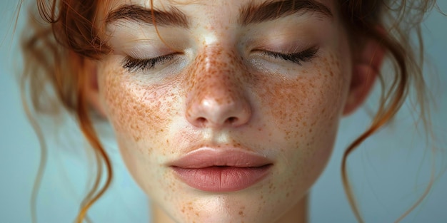 Visual Closeup of a womans face with closed eyes meditating high definition photorealistic