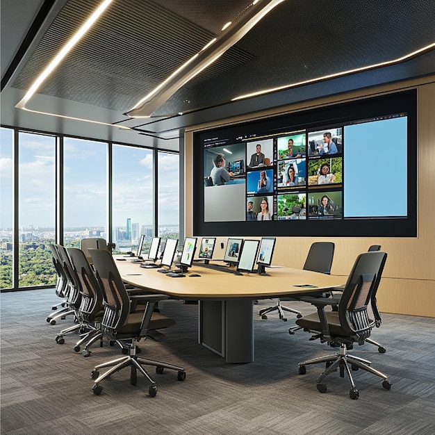 Photo a visual of a conference room equipped with video conferencing technology and interactive displays