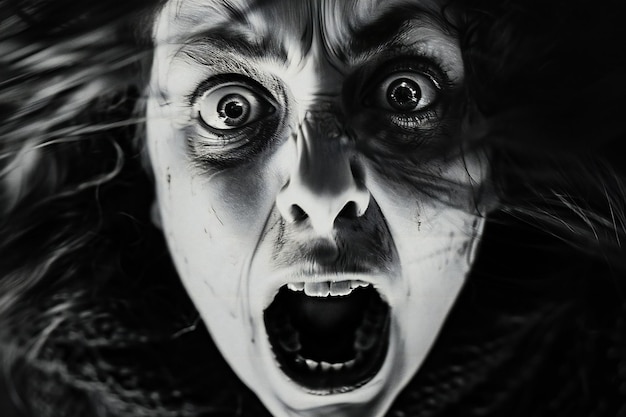 Photo visual depicting person screams in black and white with wide eyes