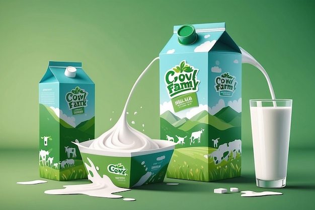 Visual drawing of delicious milk pouring down in glass cup and paper carton products