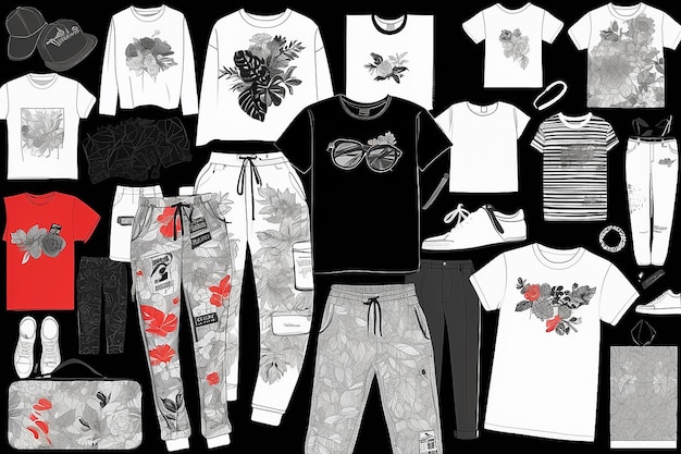 Photo visual drawing set of stylish tshirt and pant man and women trendy fashion clothes collage