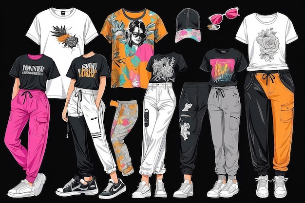 Photo visual drawing set of stylish tshirt and pant man and women trendy fashion clothes collage