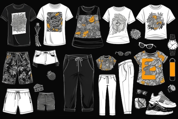 Photo visual drawing set of stylish tshirt and pant man and women trendy fashion clothes collage