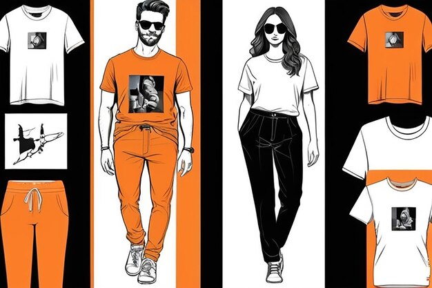 Visual drawing set of stylish tshirt and pant man and women trendy fashion clothes collage