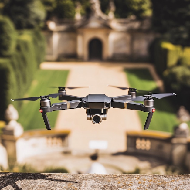 A visual of a drone capturing aerial shots of the wedding venue