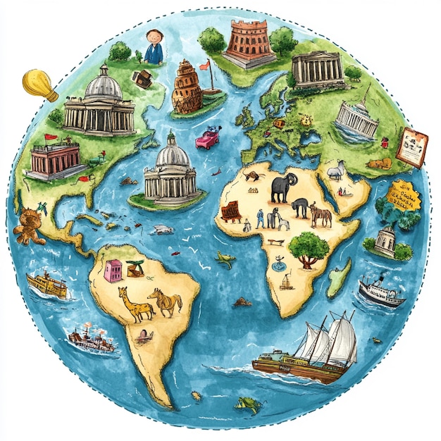 A visual of educational resources related to social studies like maps or community helpers