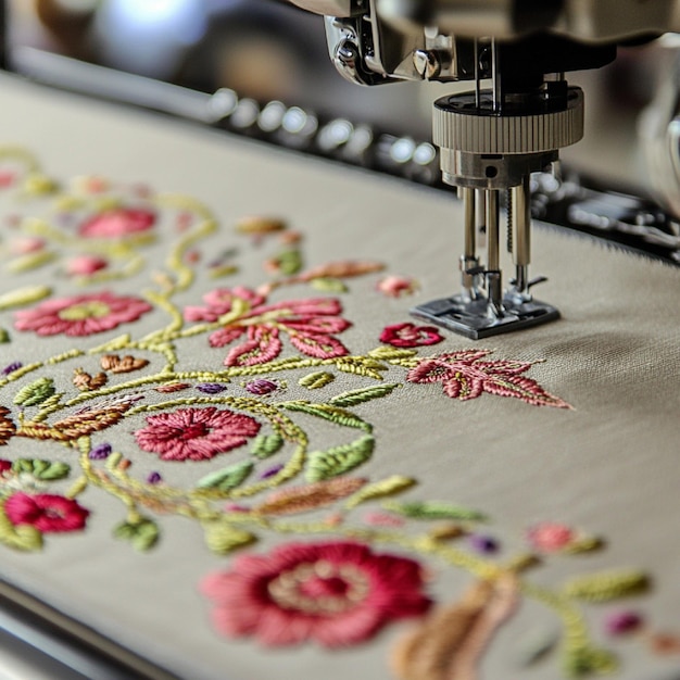 Photo visual of an embroidery machine in use with a design being stitched onto fabric