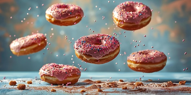 Visual Flying donuts with pink and chocolate glaze sprinkles blue background high resolution