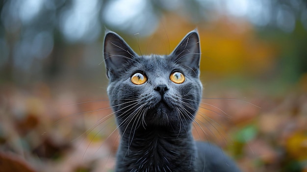 Visual a grey cat with yellow eyes looking up at the camera