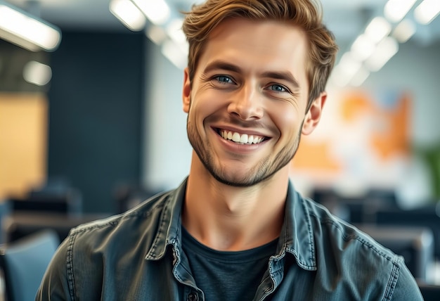 Photo visual handsome man in casual outfit smiling in office environment blurred background