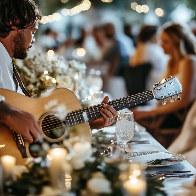 Photo visual of a live acoustic guitarist providing background music during a wedding dinner