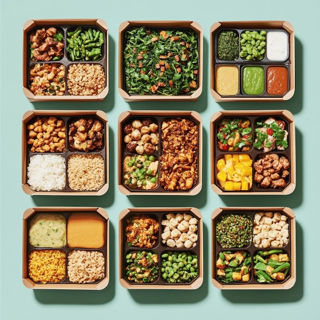 Photo a visual of a meal kit subscription box with various meal options displayed