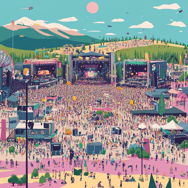 Photo visual of a music festival with multiple stages and large crowds