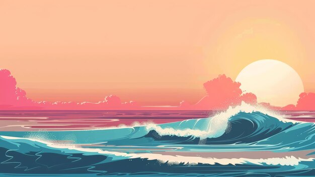 Photo visual of ocean surf at dawn with surfers waiting flat design side view morning waves theme animation vivid