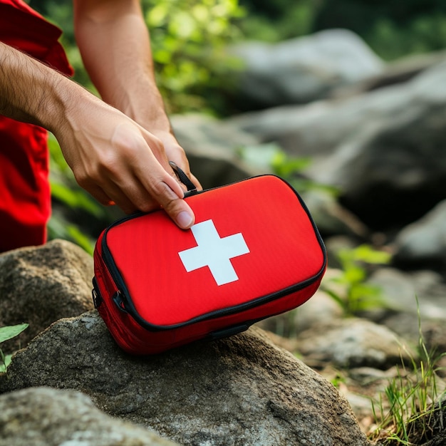 Photo a visual of a person using a first aid kit to provide basic medical care during an emergency