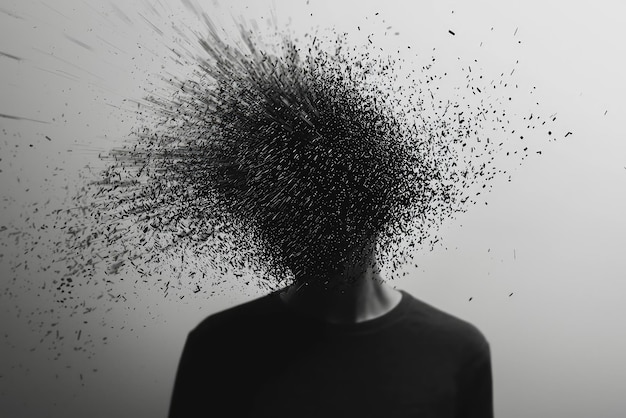 Photo a visual portrayal of mental chaos capturing the overwhelming experience of thoughts shattering into fragments around a figures silhouette