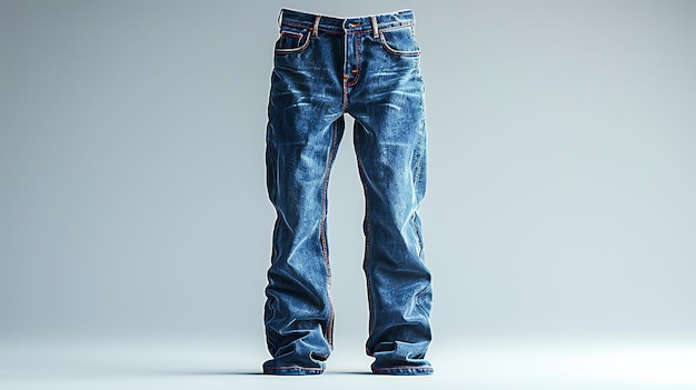 Visual presenting detailed photo of empty fronthung denim trousers in high resolution on a plain wh